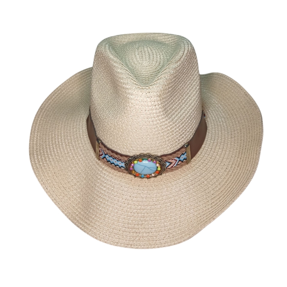Beige Straw Hat with Decorative Band Western Women's Hat